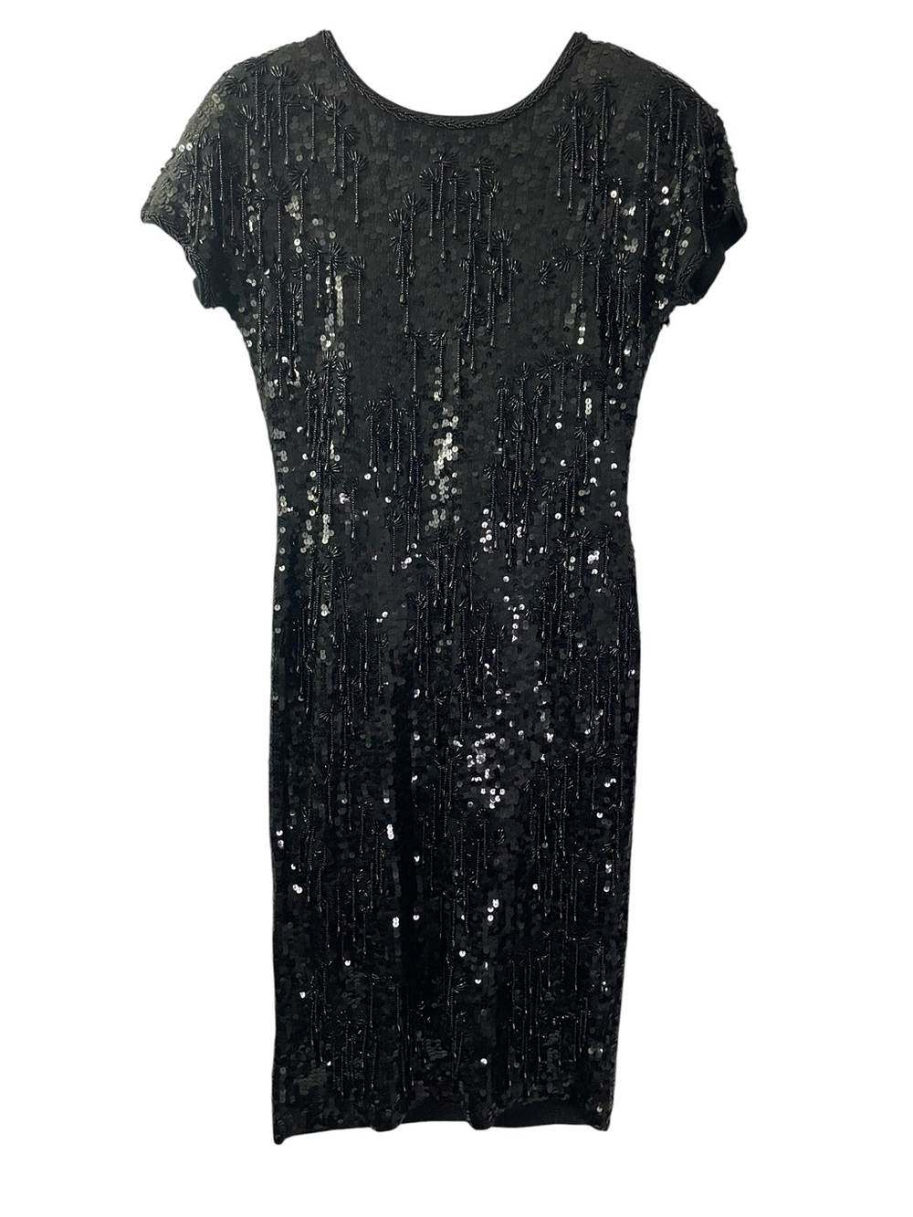 Nancy Johnson Vintage Beaded Sequin Black Wool Dress V Back Medium 80s Flapper